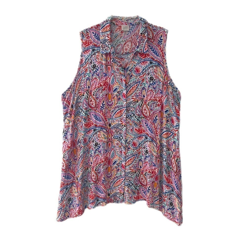 Cupio Curvy Tunic Women Size 1X Multicolor Floral Sleeveless Top Blouse Button